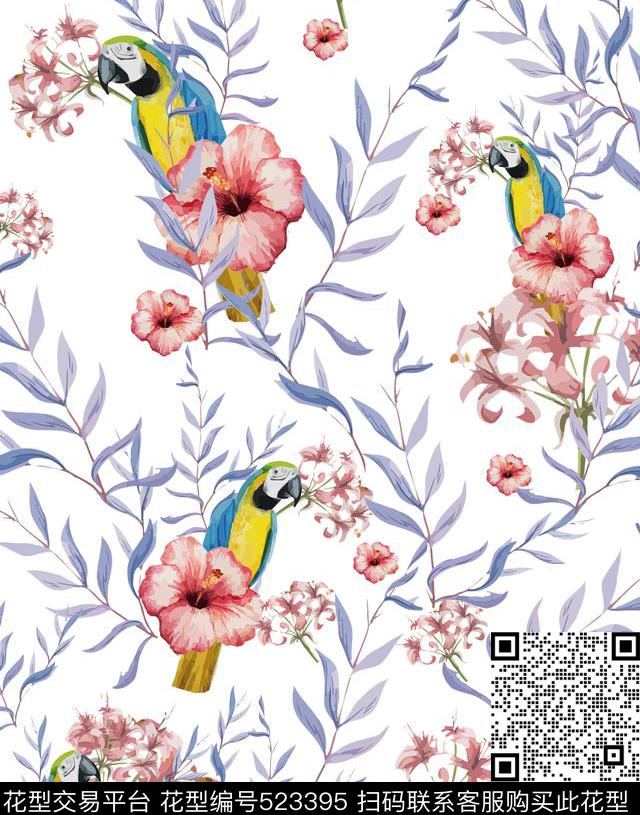 热带风情树叶小鸟数码印花华亿平台下载（图片编号: 523395） - 瓦栏（Walan）