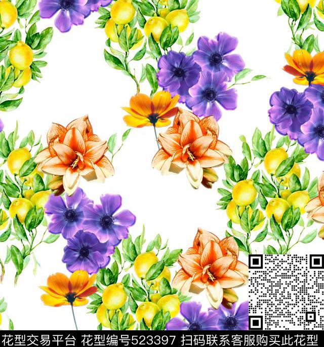 橘子花绿色时尚传统印花华亿平台下载（图片编号: 523397） - 瓦栏（Walan）