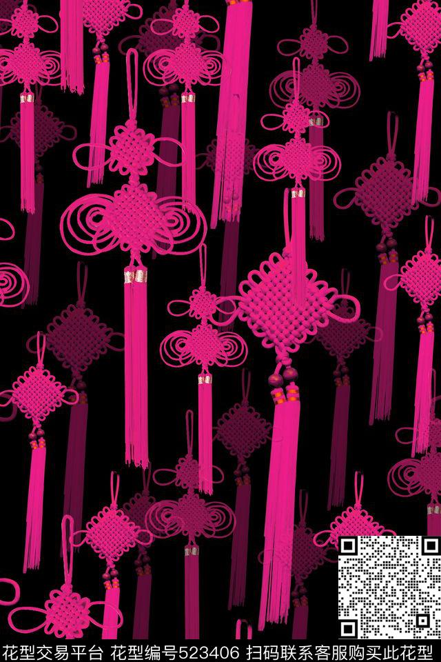 中国风中国结民族图案数码印花华亿平台下载（图片编号: 523406） - 瓦栏（Walan）