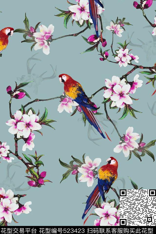 花卉梅花鹦鹉数码印花华亿平台下载（图片编号: 523423） - 瓦栏（Walan）
