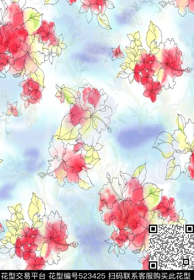 花卉大花红花数码印花华亿平台下载（图片编号: 523425） - 瓦栏（Walan）