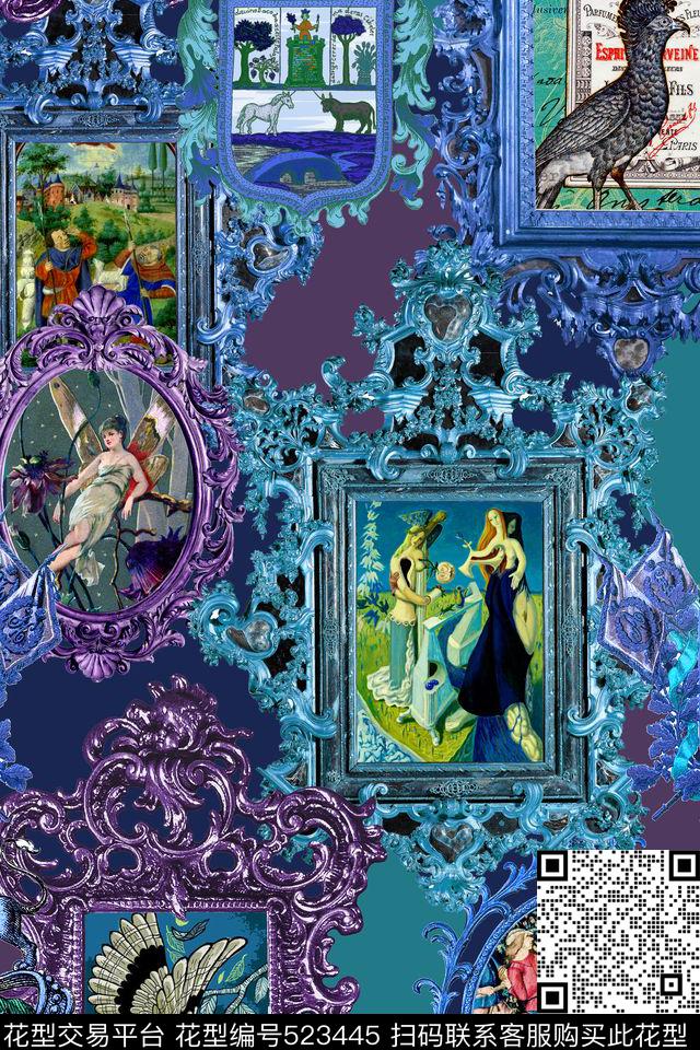 欧式相框几何拼接数码印花华亿平台下载（图片编号: 523445） - 瓦栏（Walan）