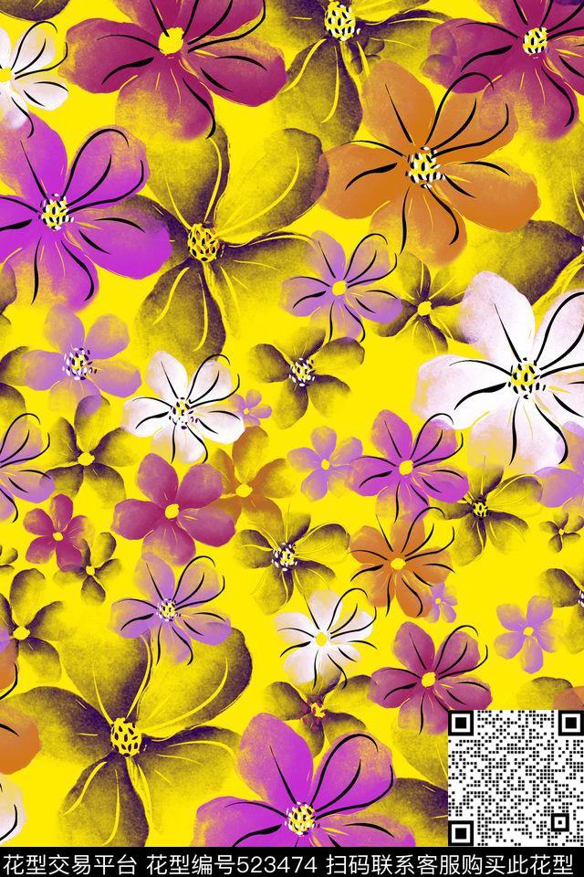 手绘时尚花卉传统印花华亿平台下载（图片编号: 523474） - 瓦栏（Walan）