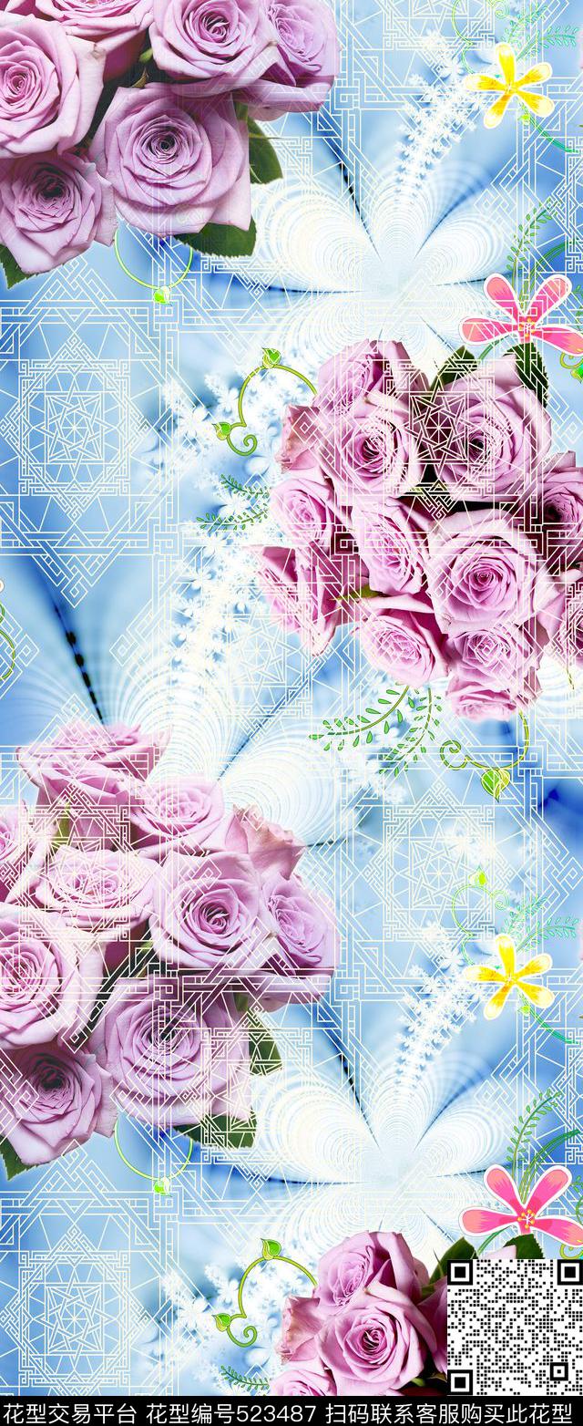 流行时尚立体几何线条幻彩玫瑰花卉欧美数码印花华亿平台下载（图片编号: 523487） - 瓦栏（Walan）
