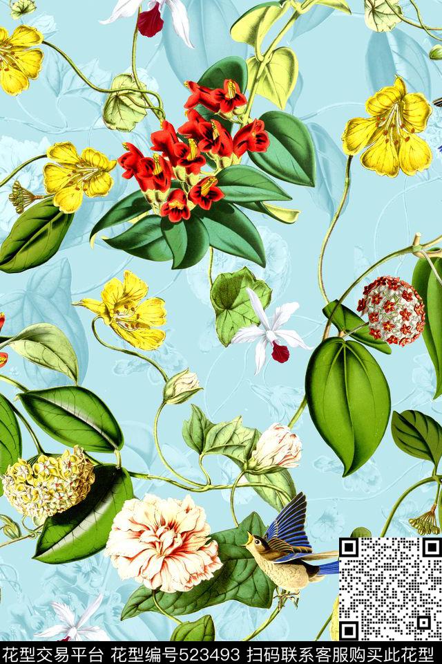 时尚花卉小鸟数码印花华亿平台下载（图片编号: 523493） - 瓦栏（Walan）
