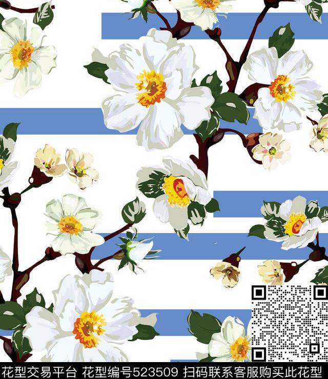 条纹油画花卉油画条纹组合传统印花华亿平台下载（图片编号: 523509） - 瓦栏（Walan）