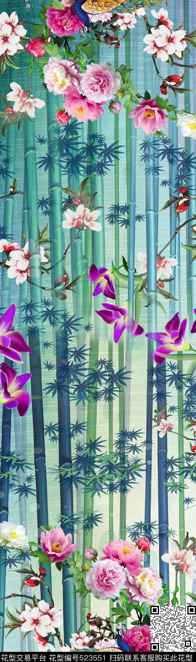 中国风竹子芙蓉花数码印花华亿平台下载（图片编号: 523551） - 瓦栏（Walan）