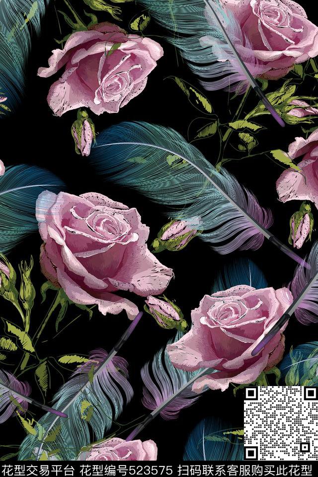 玫瑰时尚手绘传统印花华亿平台下载（图片编号: 523575） - 瓦栏（Walan）