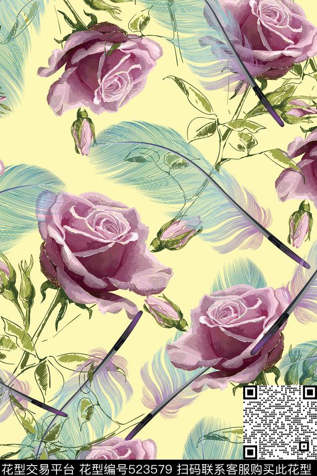 玫瑰时尚手绘传统印花华亿平台下载（图片编号: 523579） - 瓦栏（Walan）