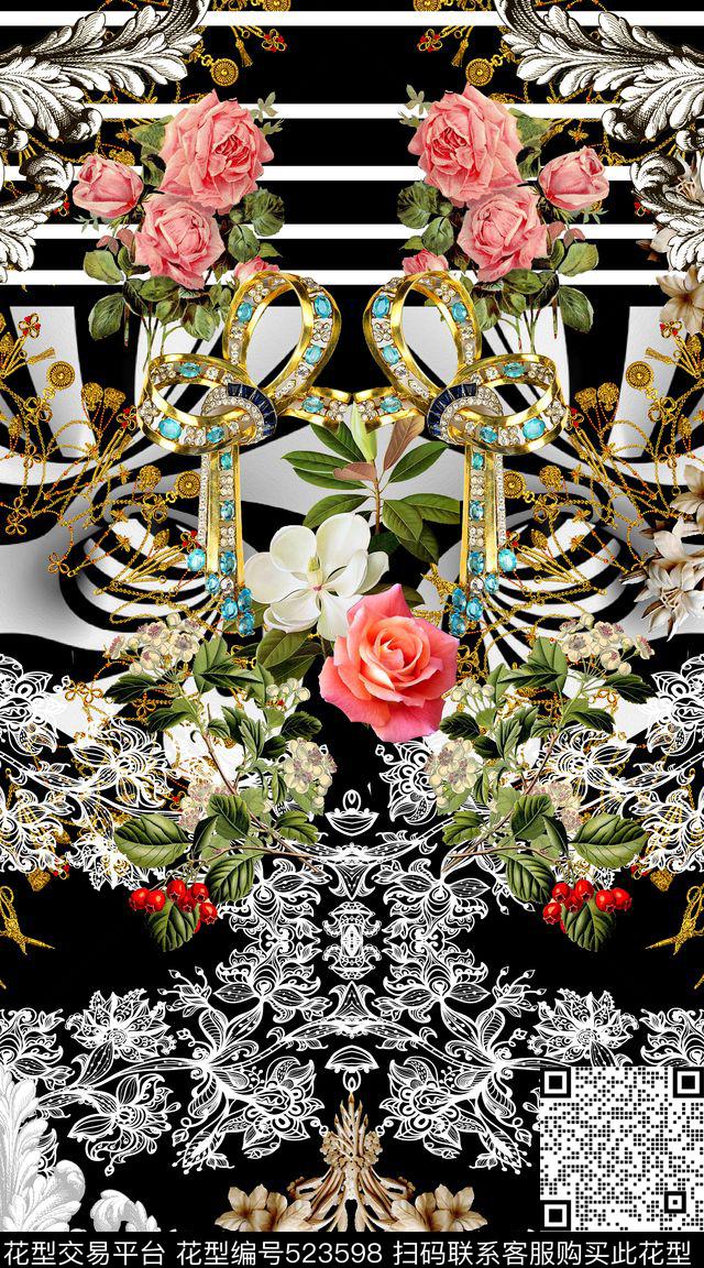 黑白蕾丝卷草纹数码印花华亿平台下载（图片编号: 523598） - 瓦栏（Walan）