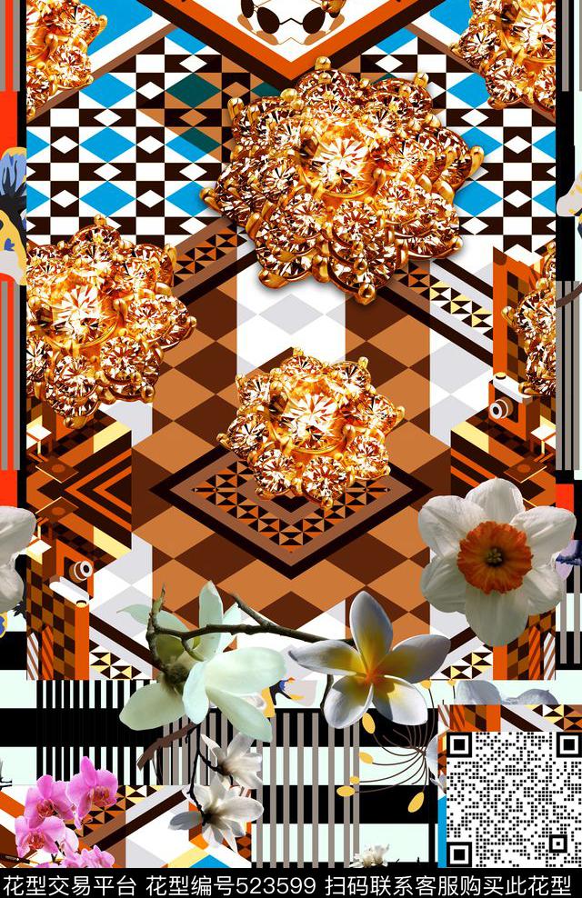 时尚几何抽象数码鲜艳花卉数码印花华亿平台下载（图片编号: 523599） - 瓦栏（Walan）