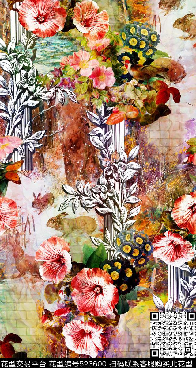 花卉油画风景卷草纹数码印花华亿平台下载（图片编号: 523600） - 瓦栏（Walan）