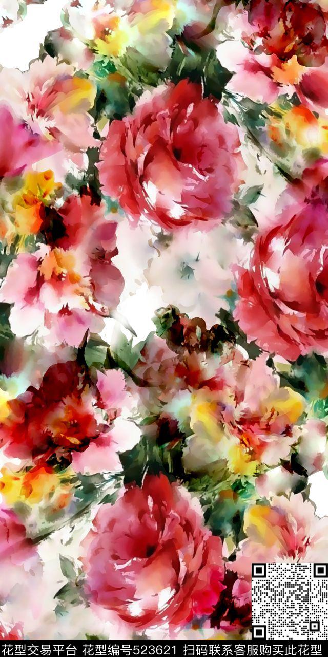 丝绸真丝棉布手绘水彩玫瑰花时尚流行新潮数码印花华亿平台下载（图片编号: 523621） - 瓦栏（Walan）