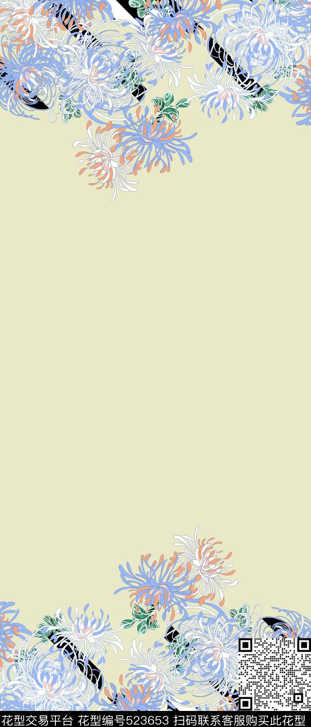 抽象花卉定位花日本和服定位线条花数码印花华亿平台下载（图片编号: 523653） - 瓦栏（Walan）