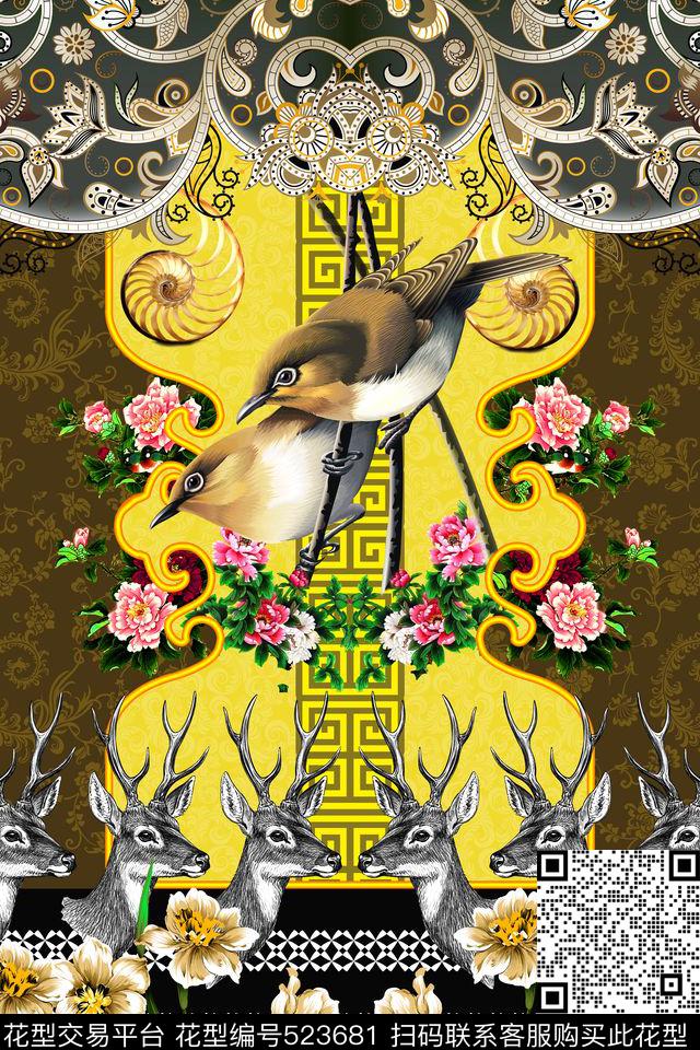 流行时尚定位麻雀鹿头牡丹花时尚中国风定位牡丹麻雀花流行时尚花卉数码印花华亿平台下载（图片编号: 523681） - 瓦栏（Walan）