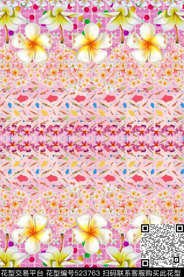 民族风手绘游鱼热带鸡蛋花花卉定位流行时尚数码印花华亿平台下载（图片编号: 523763） - 瓦栏（Walan）
