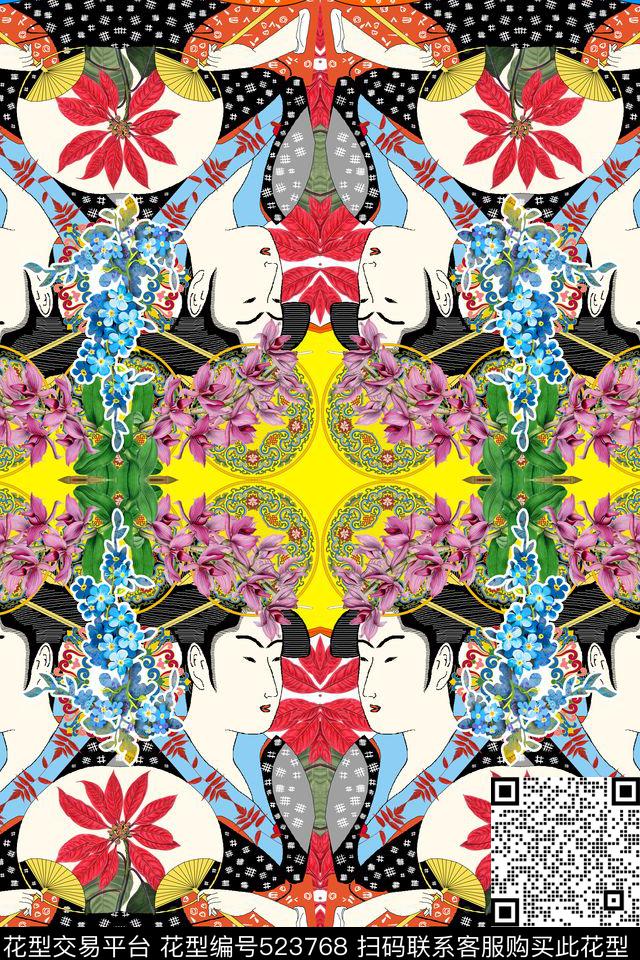 民族风情几何手绘日本艺妓花卉双边定位流行时尚数码印花华亿平台下载（图片编号: 523768） - 瓦栏（Walan）