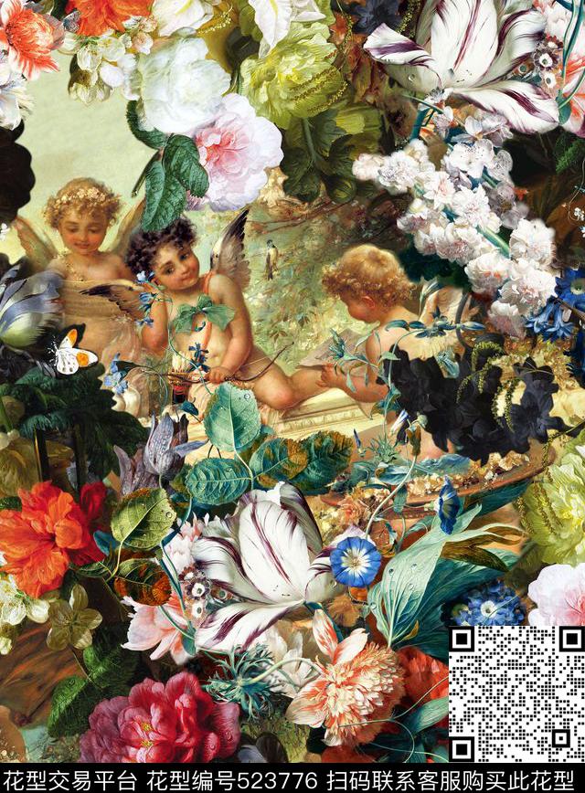 欧式时尚油画数码花卉写实油画花卉人物天使女装数码印花华亿平台下载（图片编号: 523776） - 瓦栏（Walan）