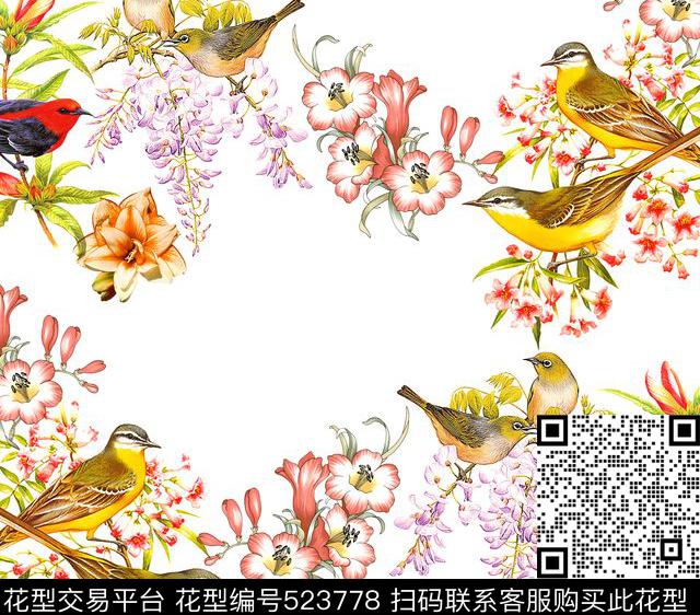树鸟花卉清晰百灵鸟数码印花华亿平台下载（图片编号: 523778） - 瓦栏（Walan）