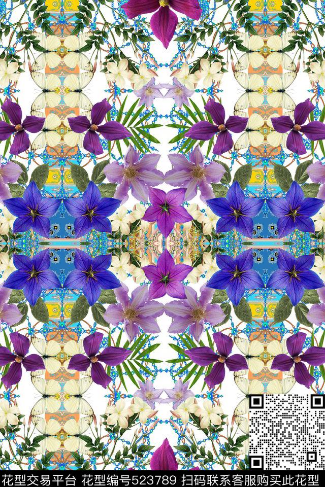 民族风简约几何链条腰果蝴蝶手绘欧美热带风情花卉双边定位印花数码印花华亿平台下载（图片编号: 523789） - 瓦栏（Walan）
