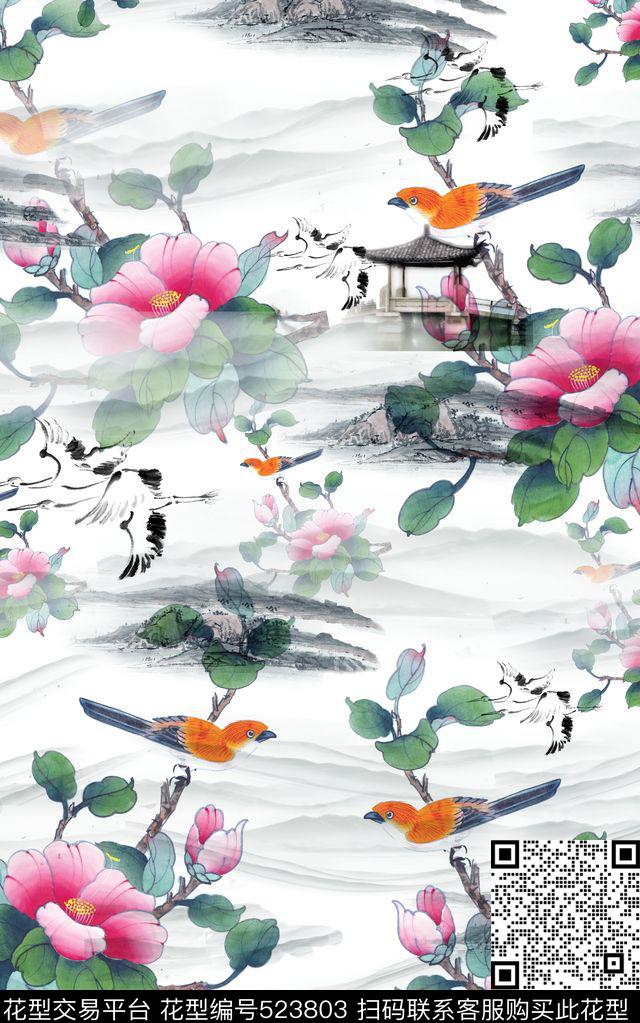 中国风水墨画花卉服装家纺窗帘中国风水墨画花卉鸟服装家纺窗帘中国风数码印花华亿平台下载（图片编号: 523803） - 瓦栏（Walan）