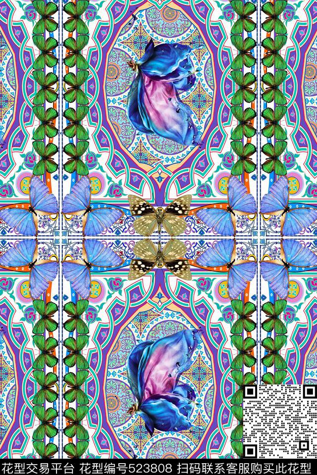 民族风几何蝴蝶翩翩双边定位数码印花华亿平台下载（图片编号: 523808） - 瓦栏（Walan）