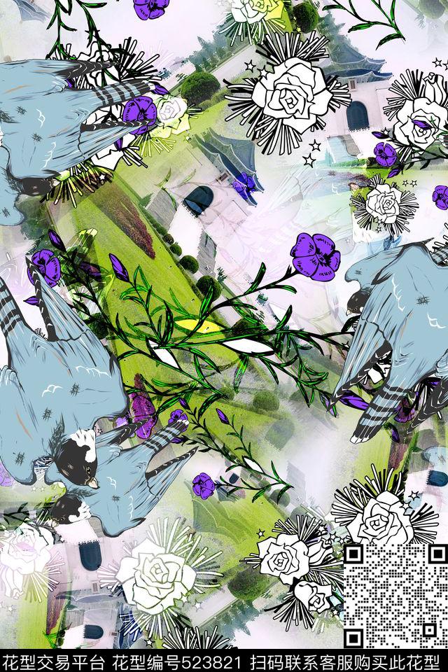 花鸟结合民族风小清新欧美时尚数码印花华亿平台下载（图片编号: 523821） - 瓦栏（Walan）