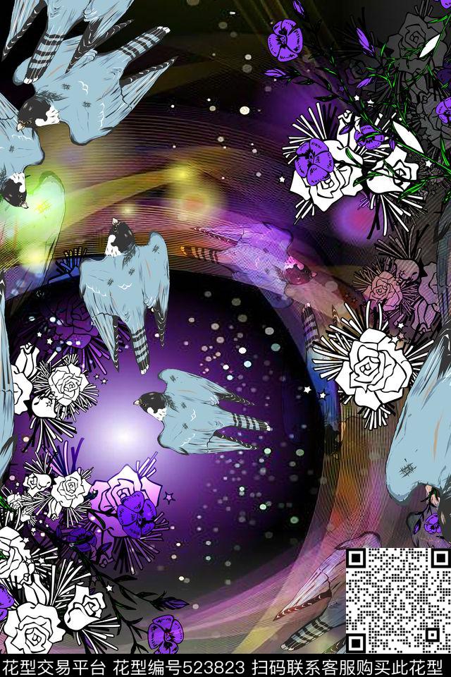 花鸟结合民族风小清新艺术性高清风景数码印花华亿平台下载（图片编号: 523823） - 瓦栏（Walan）