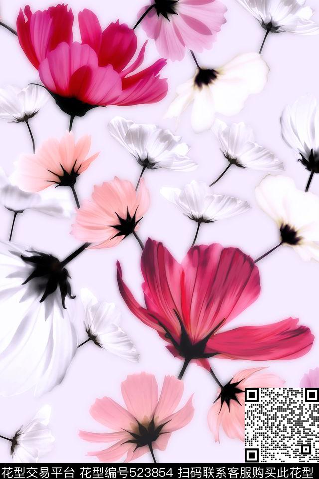 波斯菊手绘花卉清新数码印花华亿平台下载（图片编号: 523854） - 瓦栏（Walan）