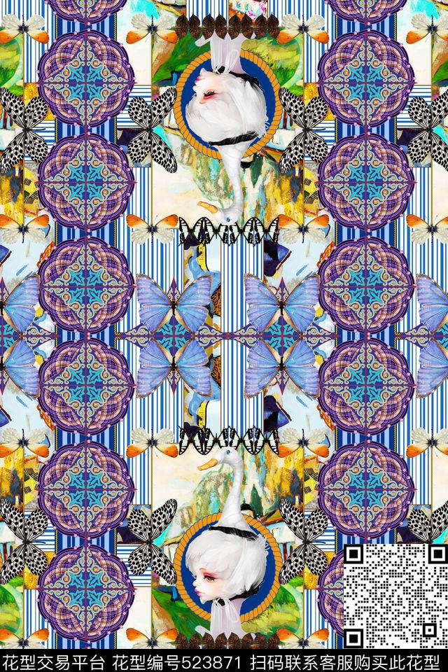 民族风几何条纹手绘天鹅公主蝴蝶翩飞双边定位花卉数码印花华亿平台下载（图片编号: 523871） - 瓦栏（Walan）