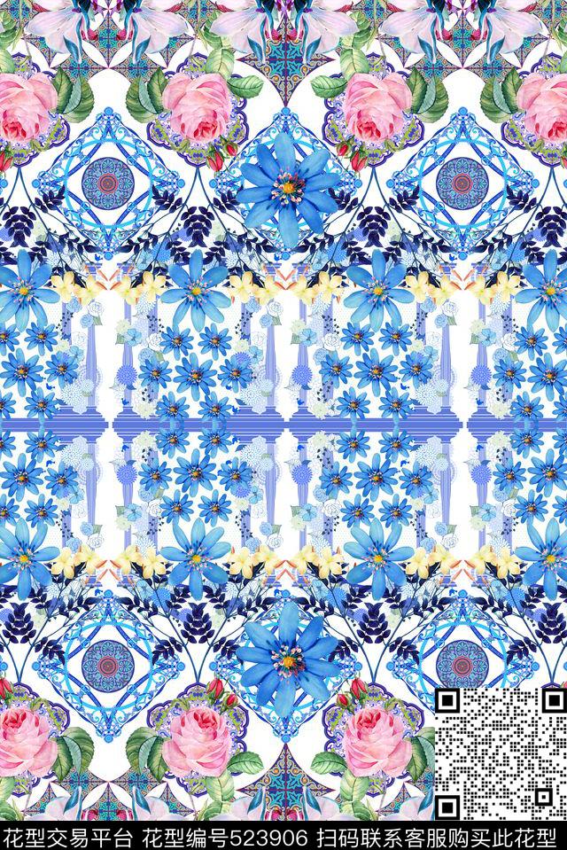 民族风几何手绘时尚油画花卉双边定位印花数码印花华亿平台下载（图片编号: 523906） - 瓦栏（Walan）