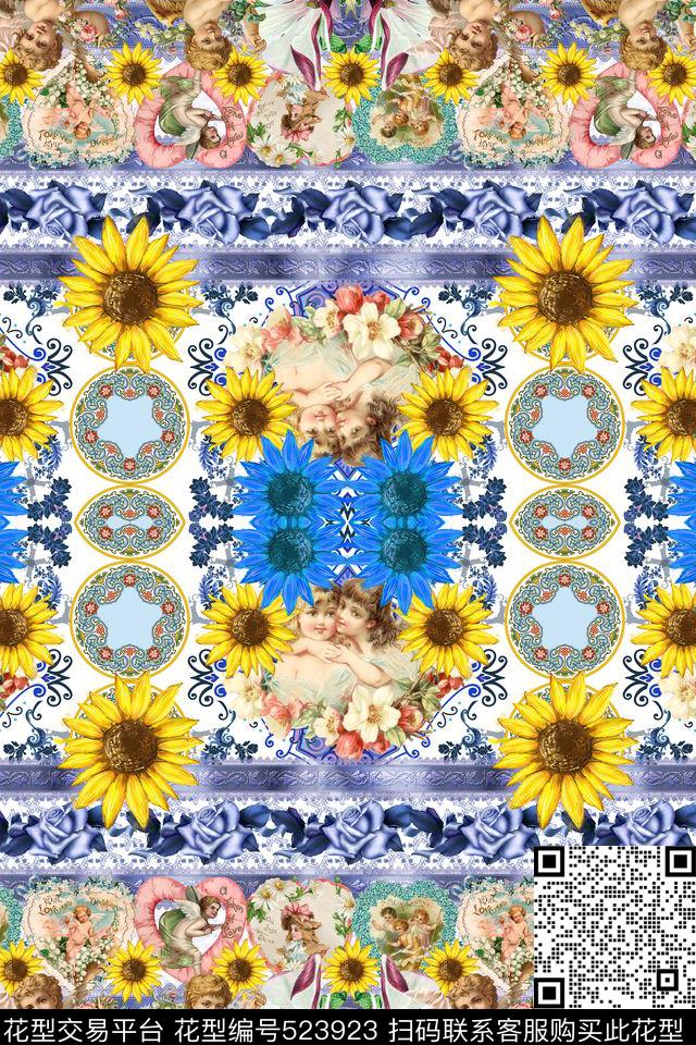 民族风几何手绘太阳花爱心天使花卉欧美流行时尚数码印花华亿平台下载（图片编号: 523923） - 瓦栏（Walan）