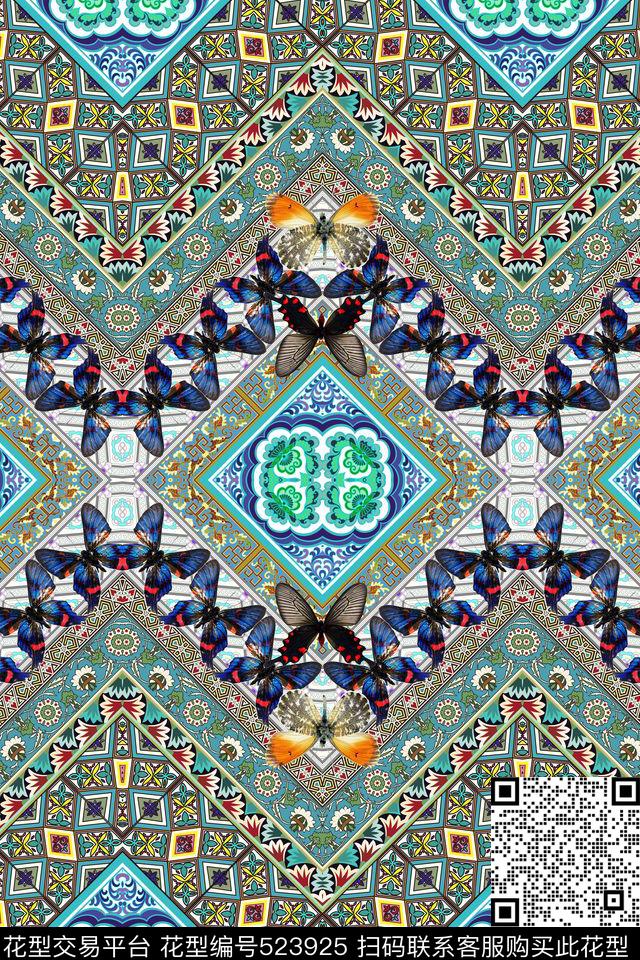 中国民族风V字形几何蝴蝶双边定位印花数码印花华亿平台下载（图片编号: 523925） - 瓦栏（Walan）