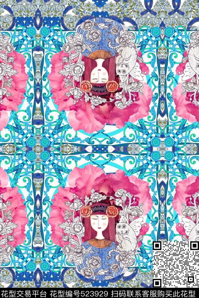 民族风几何手绘花姑娘双边定位花卉印花数码印花华亿平台下载（图片编号: 523929） - 瓦栏（Walan）