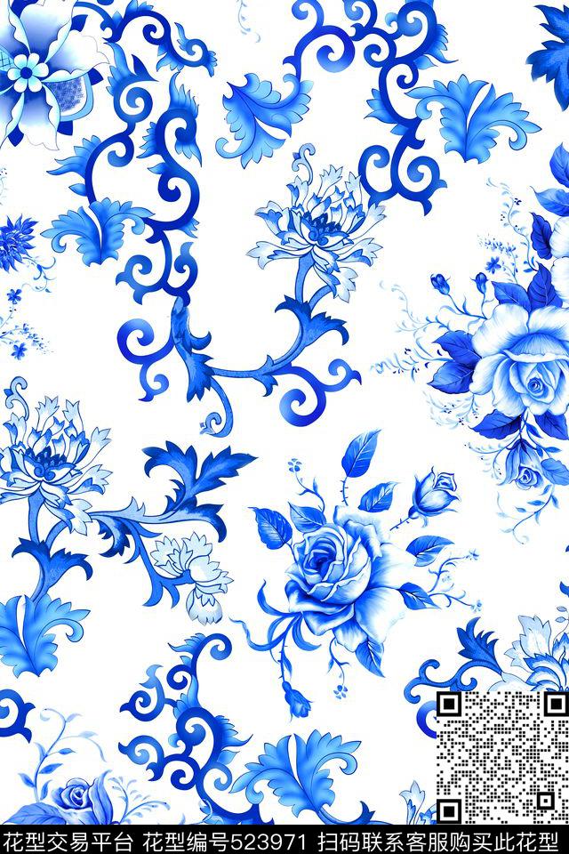 中国风青花瓷花卉数码印花华亿平台下载（图片编号: 523971） - 瓦栏（Walan）
