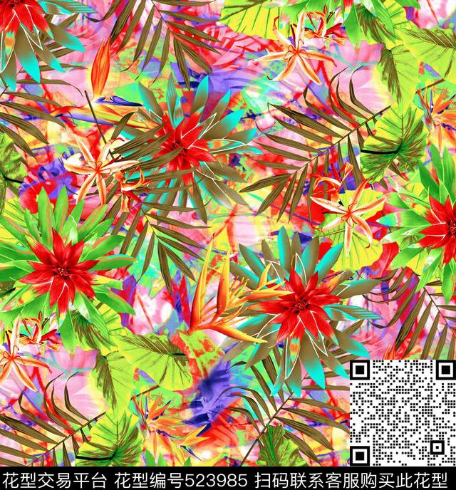 现代花卉竹叶数码印花华亿平台下载（图片编号: 523985） - 瓦栏（Walan）