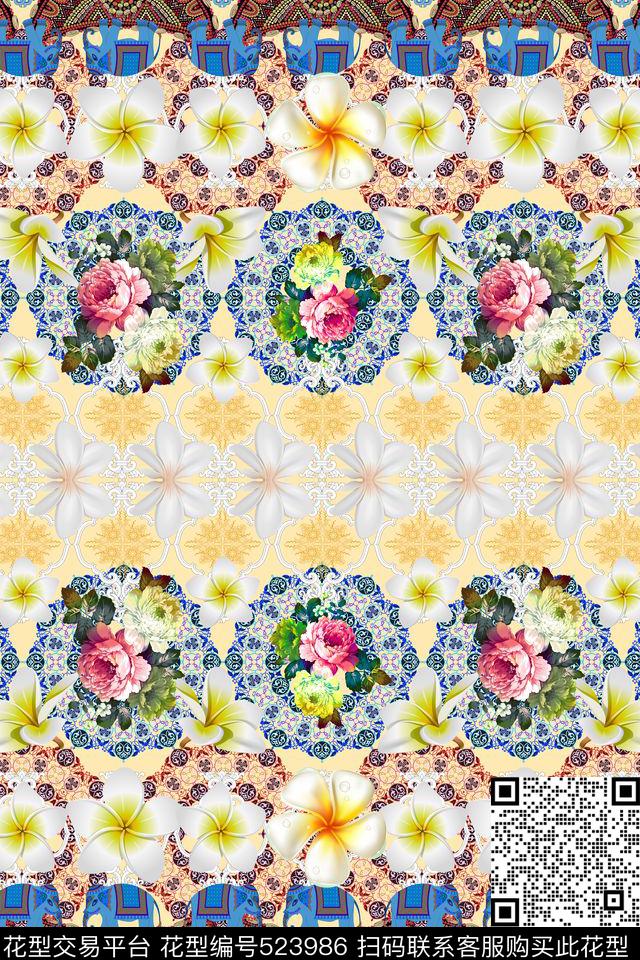 几何拼贴热带鸡蛋花花卉民族风双边定位印花数码印花华亿平台下载（图片编号: 523986） - 瓦栏（Walan）
