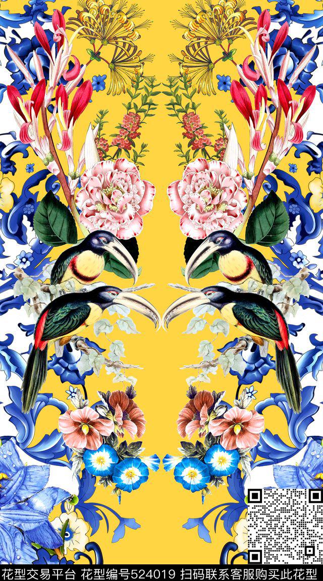 时尚卷草花卉数码印花华亿平台下载（图片编号: 524019） - 瓦栏（Walan）