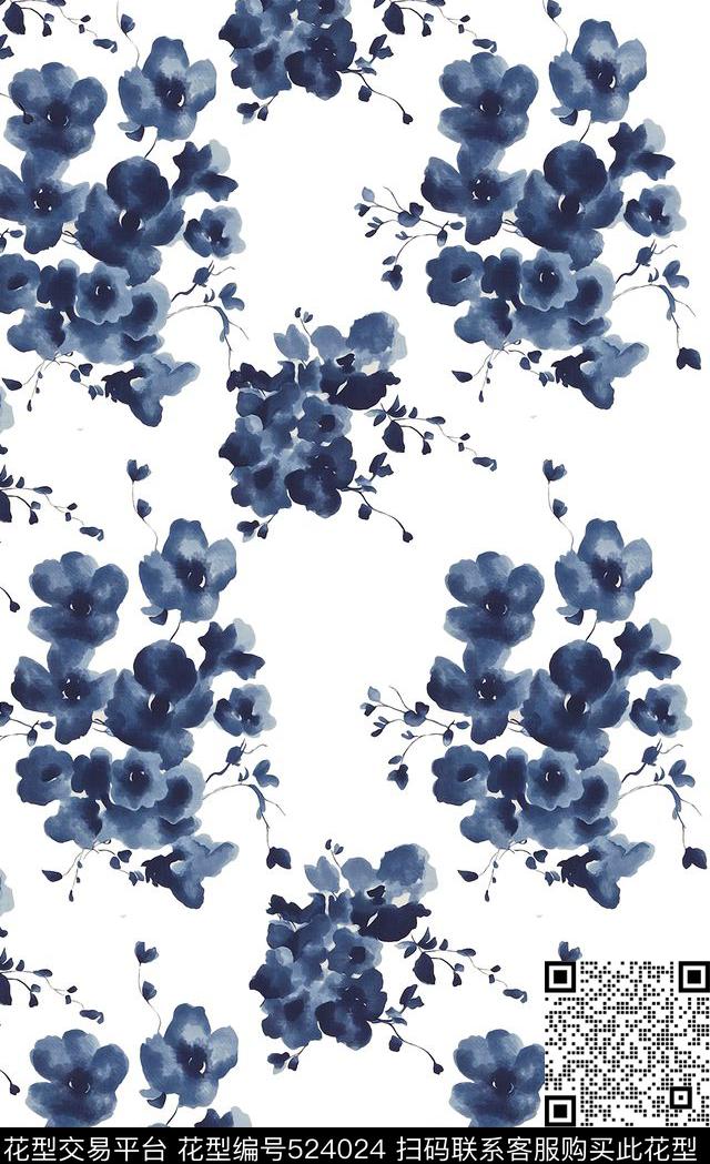 青花瓷中国风花卉数码印花华亿平台下载（图片编号: 524024） - 瓦栏（Walan）
