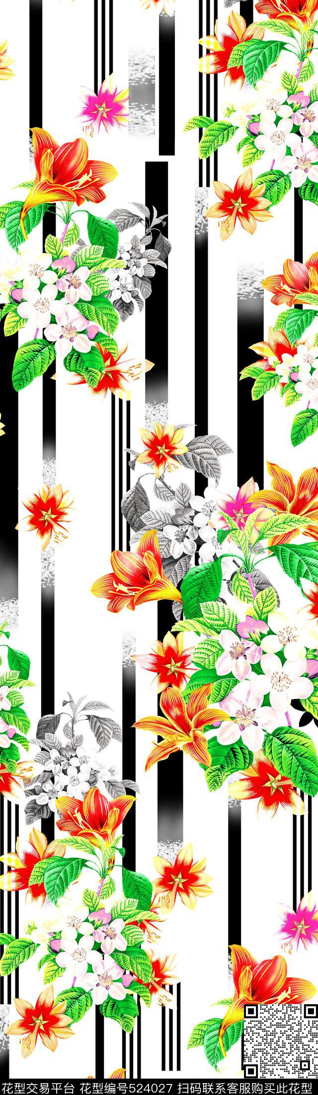 现代竖条花卉数码印花华亿平台下载（图片编号: 524027） - 瓦栏（Walan）
