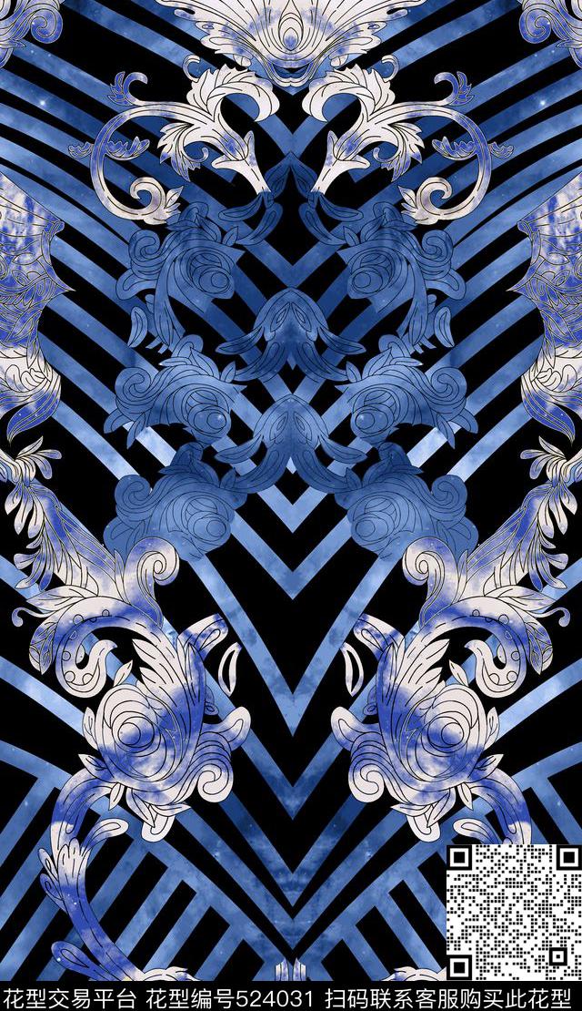 独花卷叶欧式卷草传统印花华亿平台下载（图片编号: 524031） - 瓦栏（Walan）