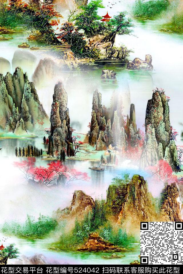 中国风水彩风景数码印花华亿平台下载（图片编号: 524042） - 瓦栏（Walan）