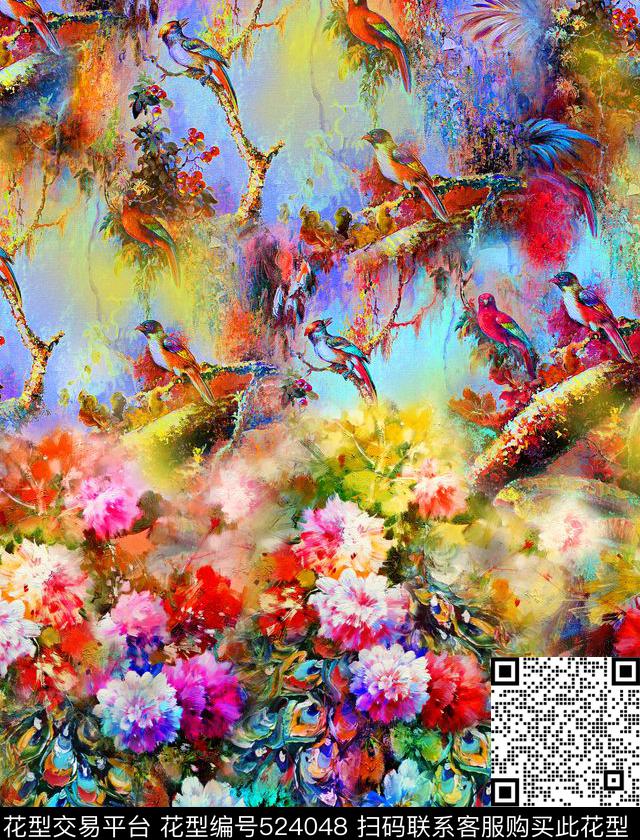 时尚羽毛花卉数码印花华亿平台下载（图片编号: 524048） - 瓦栏（Walan）