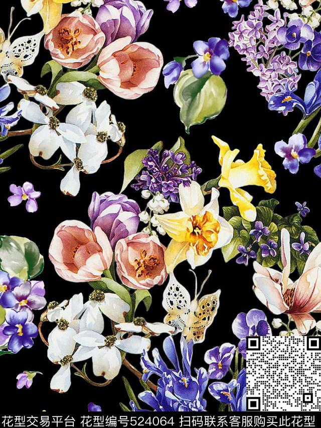 复古满地花卉蝴蝶数码印花华亿平台下载（图片编号: 524064） - 瓦栏（Walan）