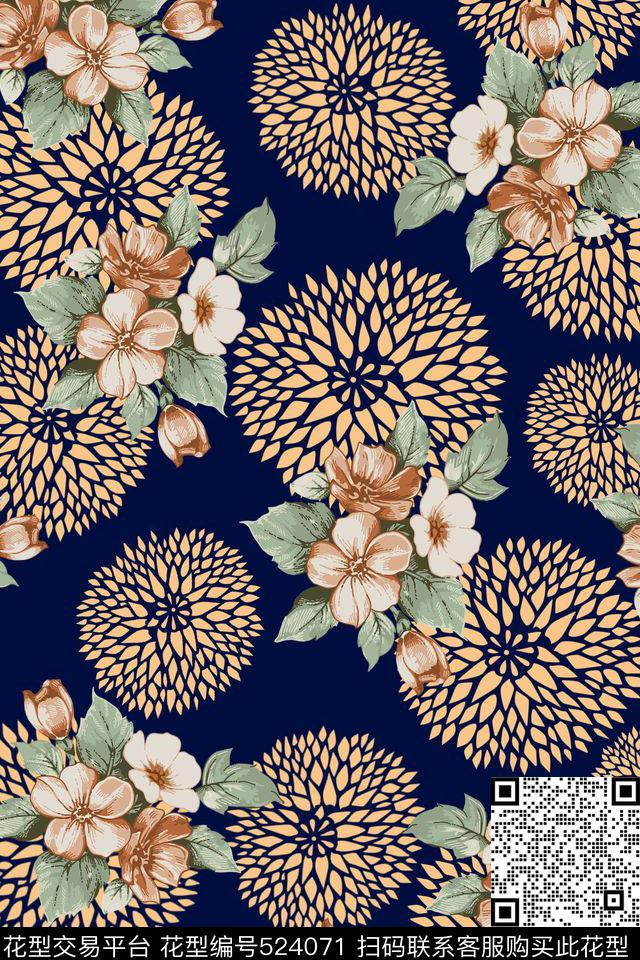时尚手绘花卉传统印花华亿平台下载（图片编号: 524071） - 瓦栏（Walan）