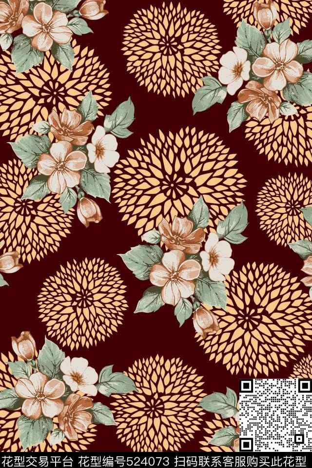 花卉时尚手绘传统印花华亿平台下载（图片编号: 524073） - 瓦栏（Walan）