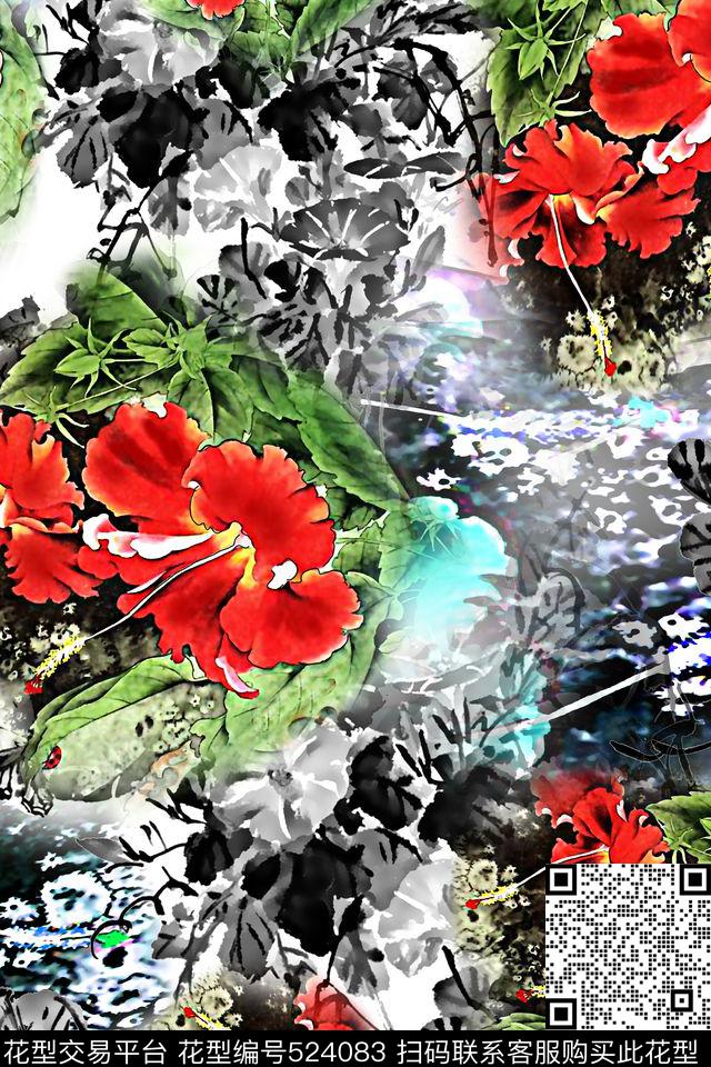 工笔大花绿叶数码印花华亿平台下载（图片编号: 524083） - 瓦栏（Walan）