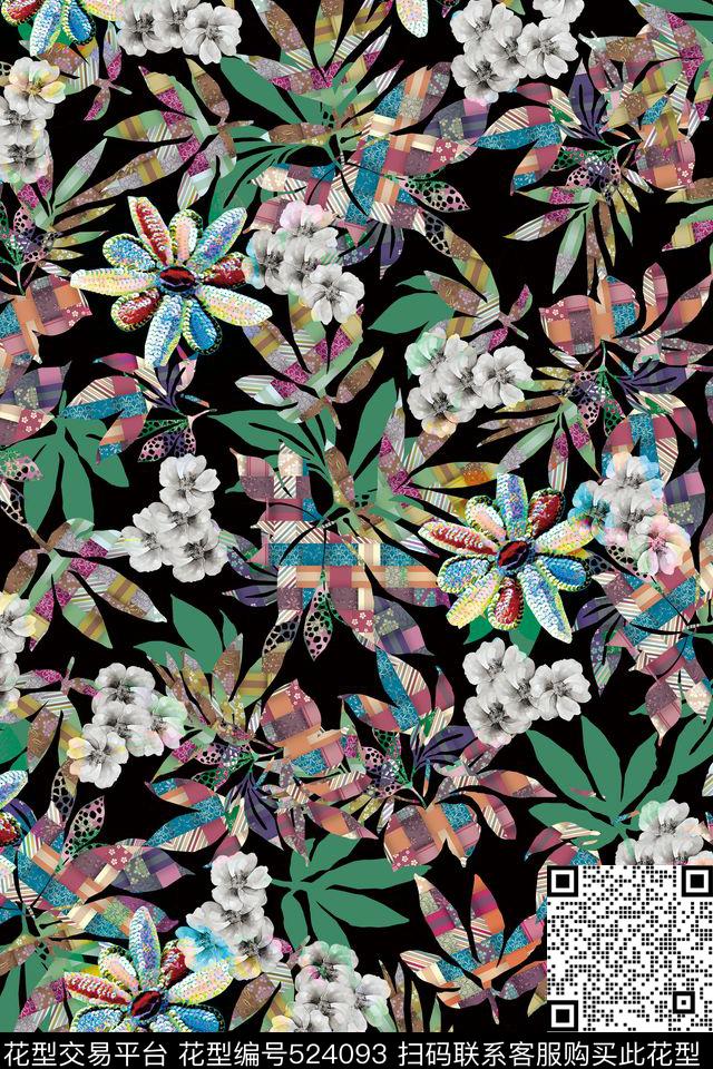 潮流时尚大牌手绘热带叶子碎花数码印花华亿平台下载（图片编号: 524093） - 瓦栏（Walan）