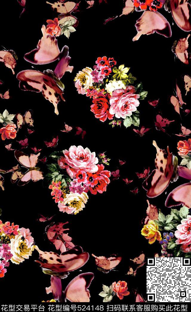 男装复古蝴蝶花卉数码印花华亿平台下载（图片编号: 524148） - 瓦栏（Walan）