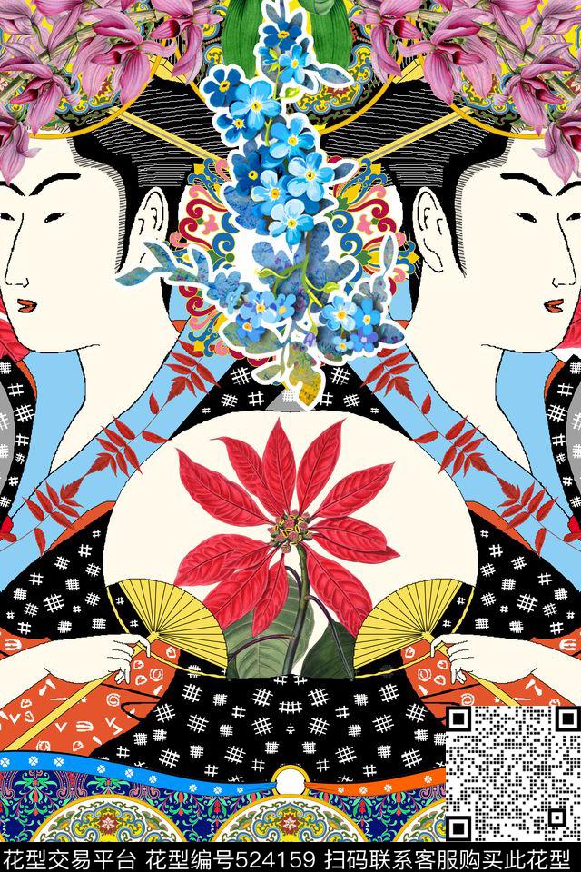 MAX-定位欧美民族风几何手绘日本艺妓花卉数码印花华亿平台下载（图片编号: 524159） - 瓦栏（Walan）